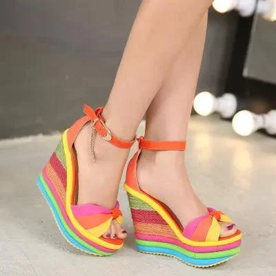 Rainbow Bowknot Hemp Bottom Ankle Buckle Platform Shoes - Glova