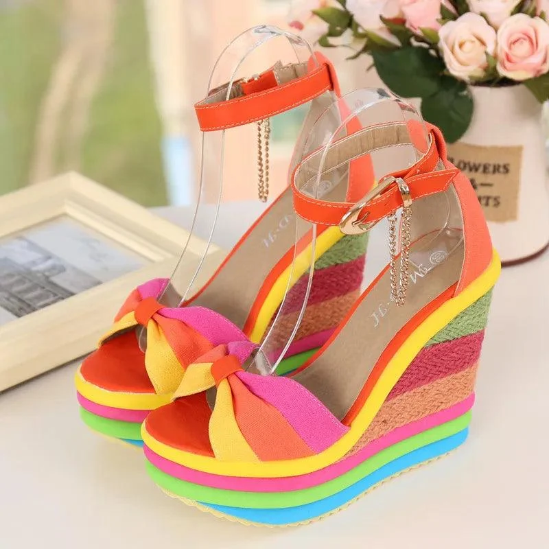 Rainbow Bowknot Hemp Bottom Ankle Buckle Platform Shoes - Glova