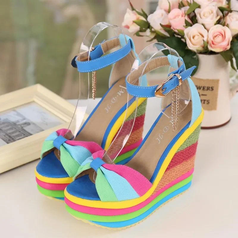 Rainbow Bowknot Hemp Bottom Ankle Buckle Platform Shoes - Glova