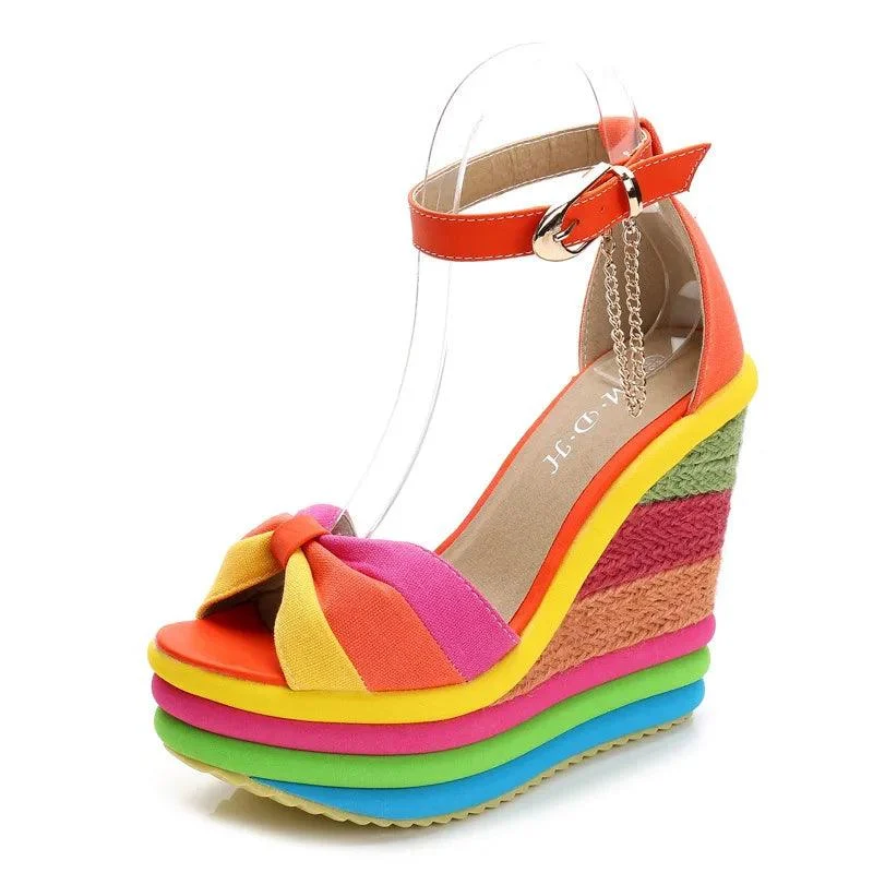 Rainbow Bowknot Hemp Bottom Ankle Buckle Platform Shoes - Glova