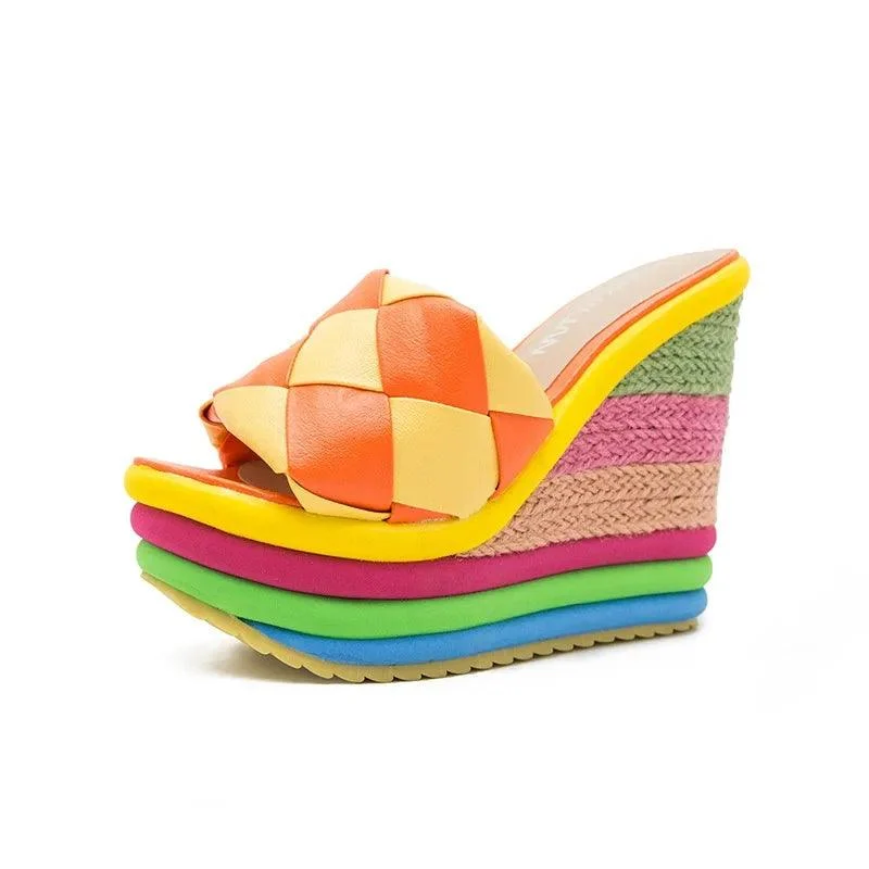 Rainbow Peep Toe Platform Wedges High Heel Shoes - Glova