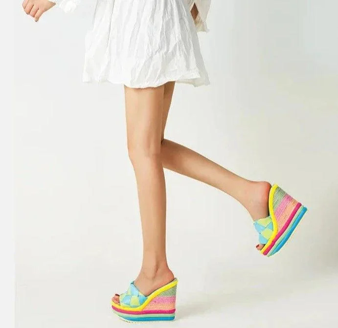 Rainbow Peep Toe Platform Wedges High Heel Shoes - Glova