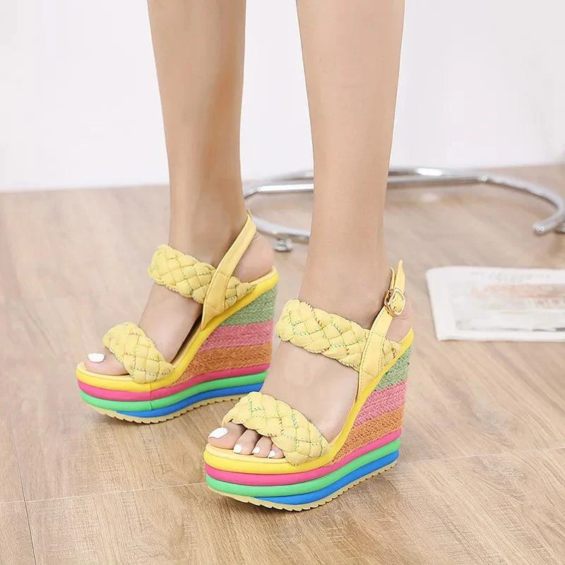 Rainbow Wedge Sandals Open Toe Platform High Heel Shoes - Glova