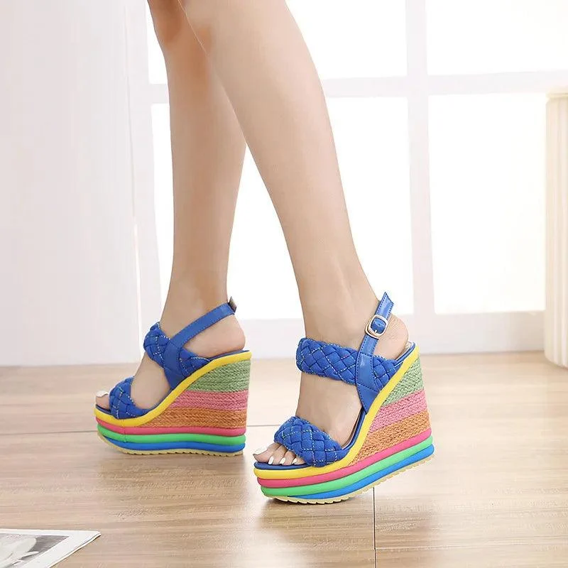 Rainbow Wedge Sandals Open Toe Platform High Heel Shoes - Glova