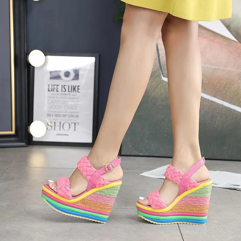 Rainbow Wedge Sandals Open Toe Platform High Heel Shoes - Glova