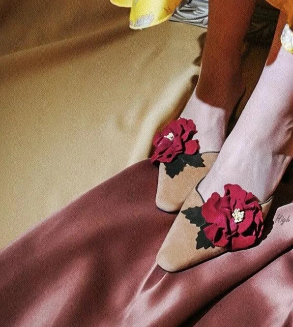 Red 3D Flower Low Heels Soft Mules Women's Pump Shoes - Glova