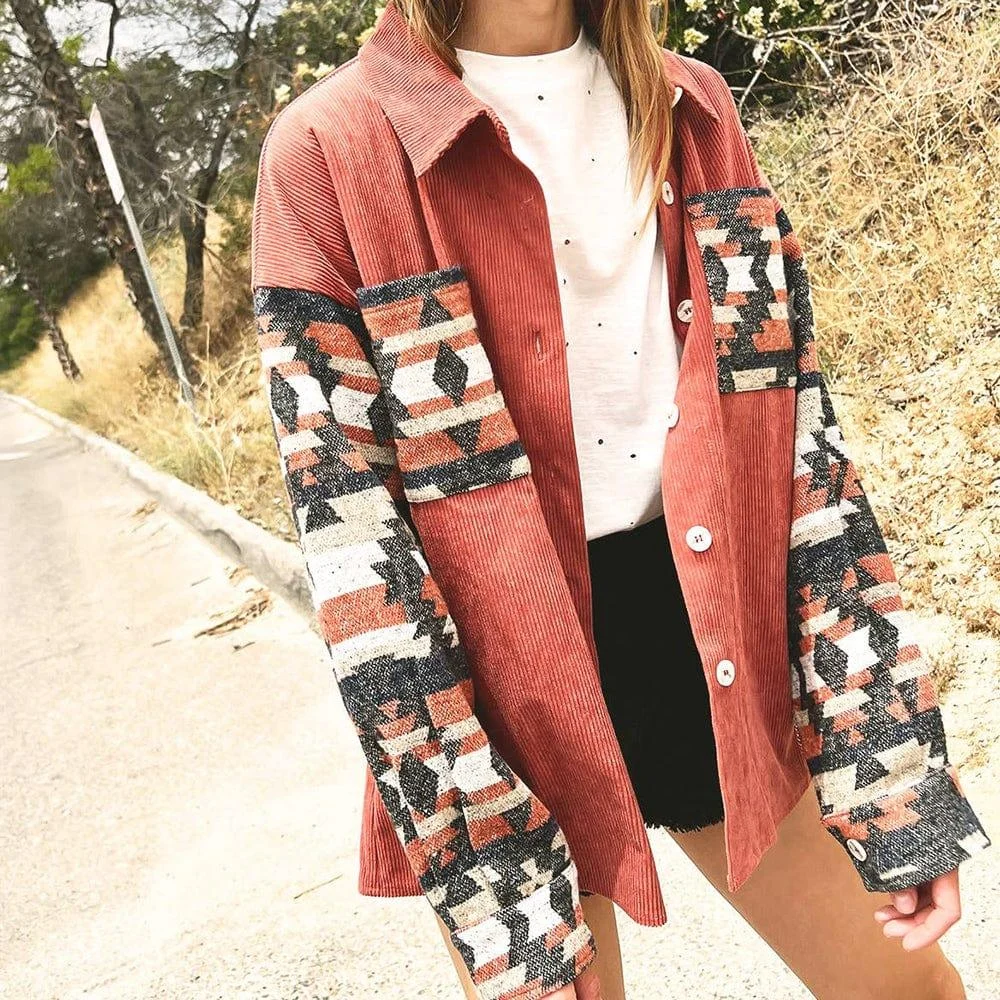 Red Aztec Print Corduroy Shacket - Glova