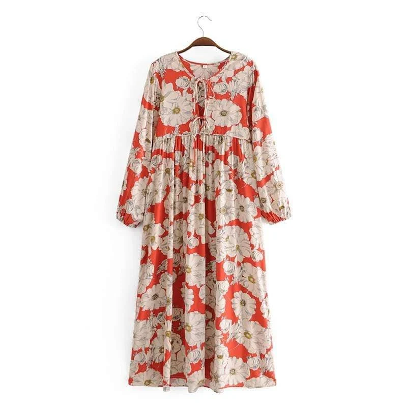 Red Floral Ethnic Style Maxi Dress - Glova