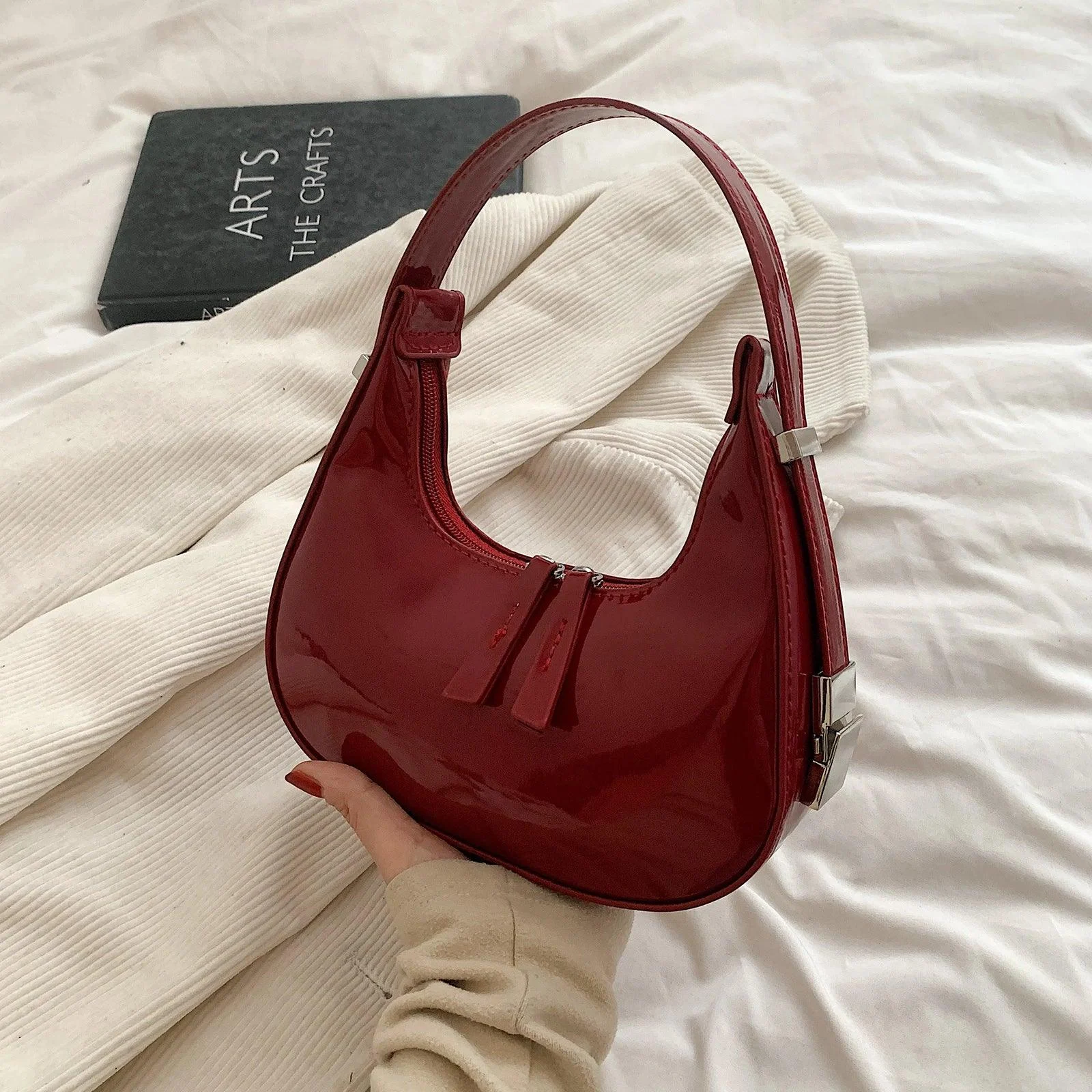 Red PU Crescent Half Moon Armpit Bag For Women - Glova