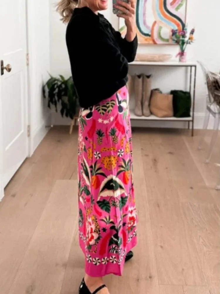 Reese Fuchsia Jungle Floral Midi Skirt - Glova