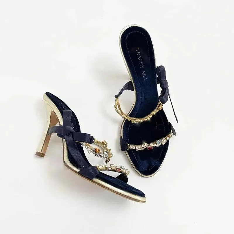 Rhinestone Bow Thin High Heels Women's Sandals - Glova