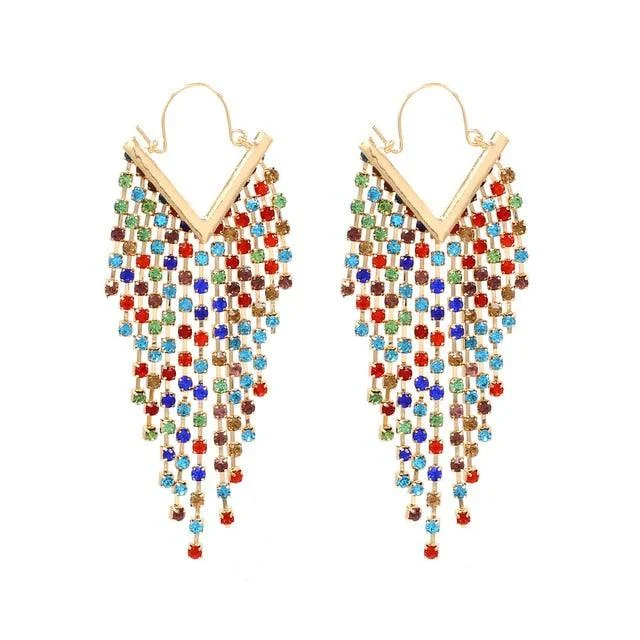 Rhinestone Cascade Tassel Hoop Earrings - 4 Colors - Glova