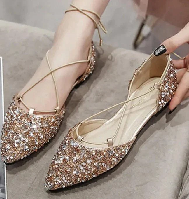 Rhinestone Cross-Tied Lace Up Flat Crystal Shoes - Glova