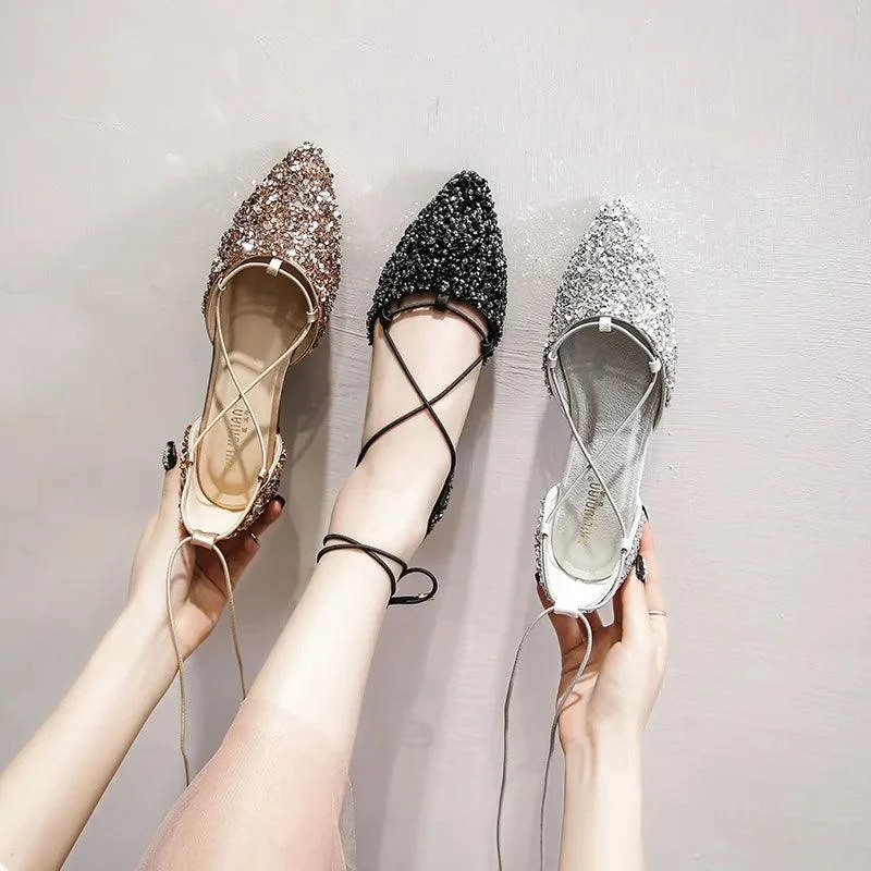 Rhinestone Cross-Tied Lace Up Flat Crystal Shoes - Glova