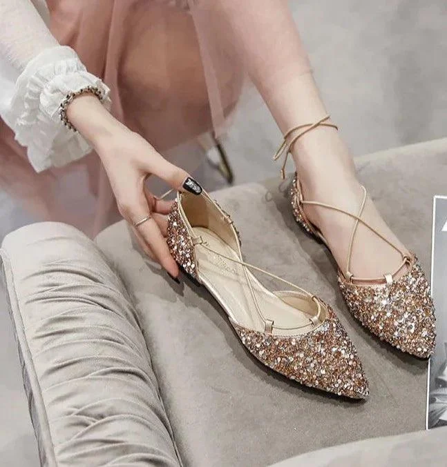 Rhinestone Cross-Tied Lace Up Flat Crystal Shoes - Glova