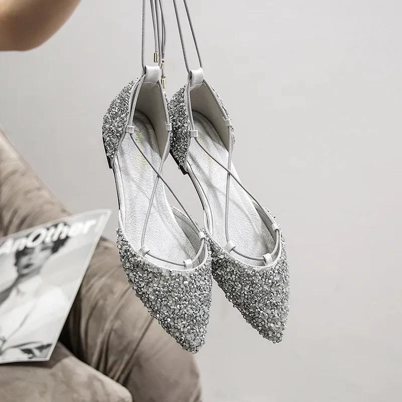 Rhinestone Cross-Tied Lace Up Flat Crystal Shoes - Glova