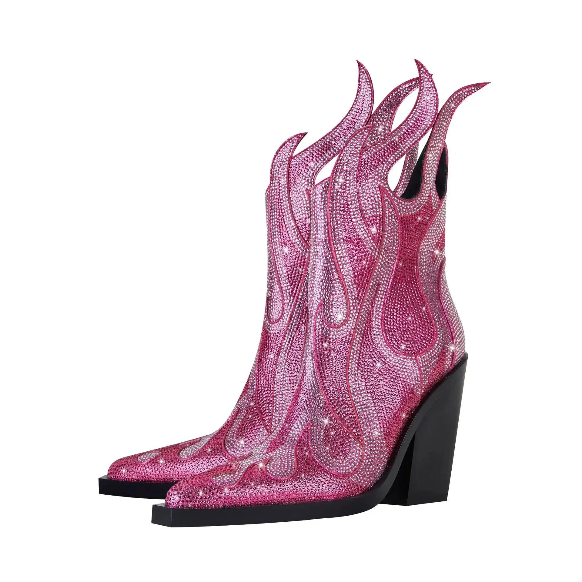 Rhinestone Flame Square head Thick heeled Cowboy Boots for Women - Glova