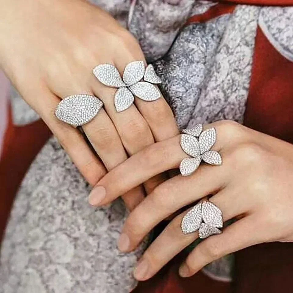 Rhinestone Flower Leaf Cocktail Rings - Glova