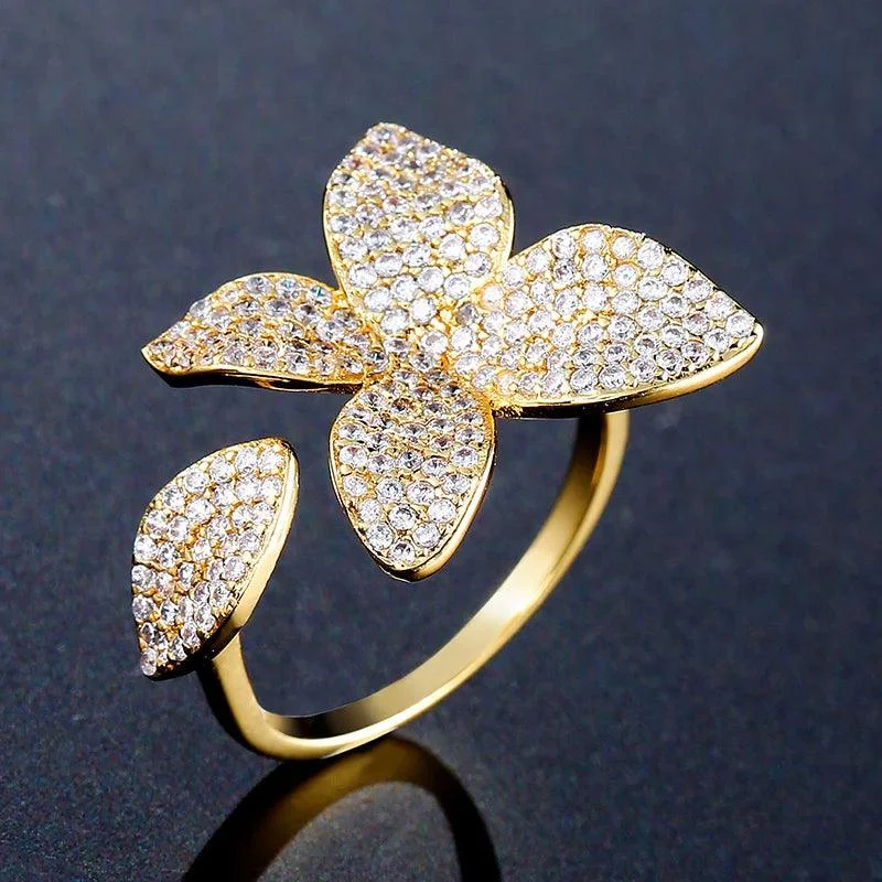 Rhinestone Flower Leaf Cocktail Rings - Glova