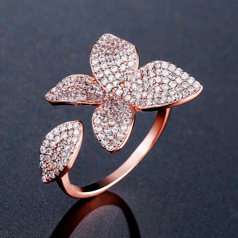 Rhinestone Flower Leaf Cocktail Rings - Glova