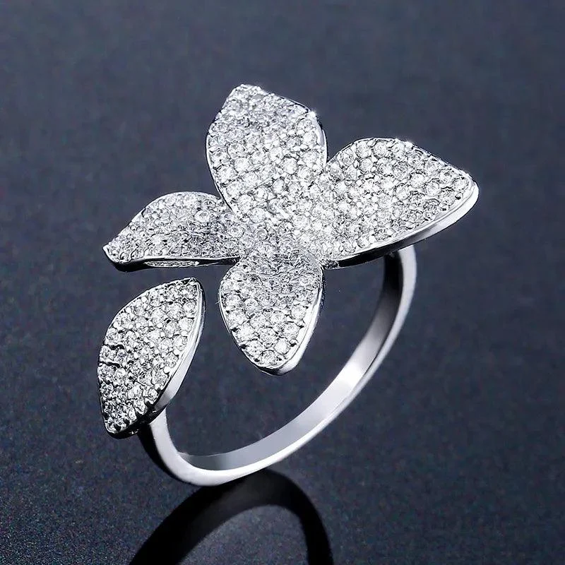 Rhinestone Flower Leaf Cocktail Rings - Glova