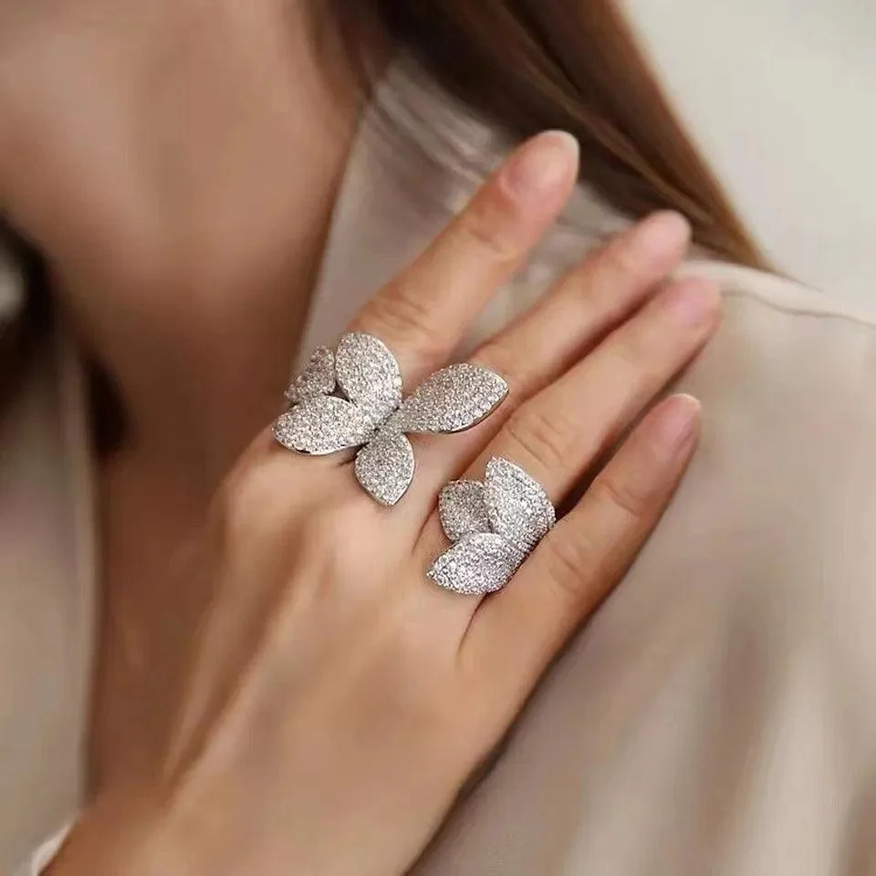 Rhinestone Flower Leaf Cocktail Rings - Glova