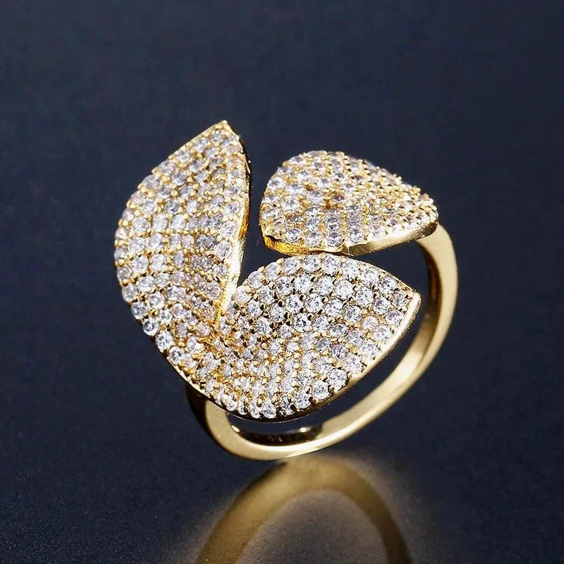 Rhinestone Flower Leaf Cocktail Rings - Glova