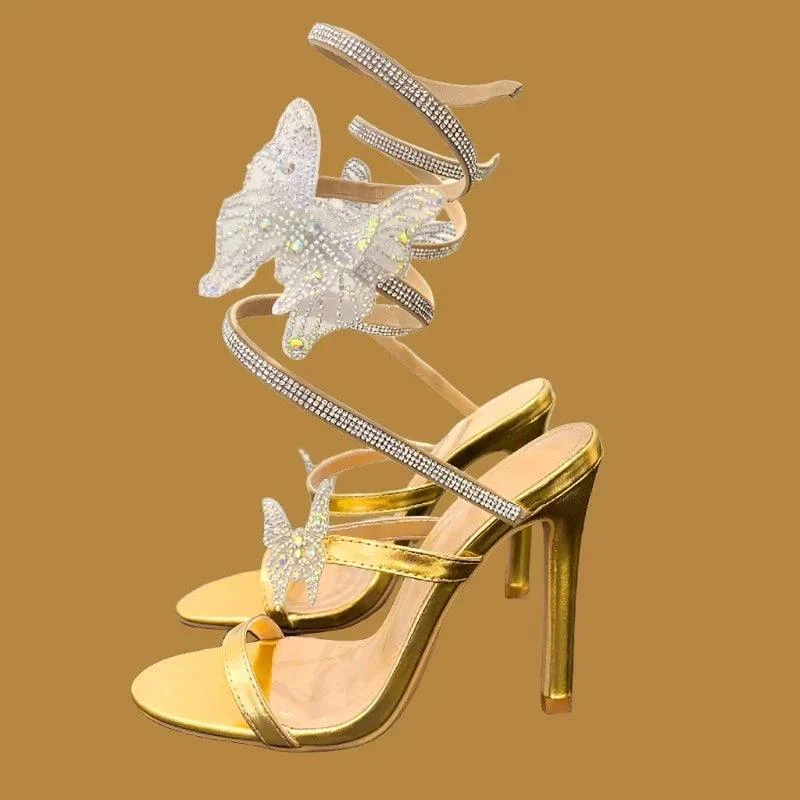 Rhinestone Golden Butterfly-knot Crystal Stiletto Heel Shoes - Glova