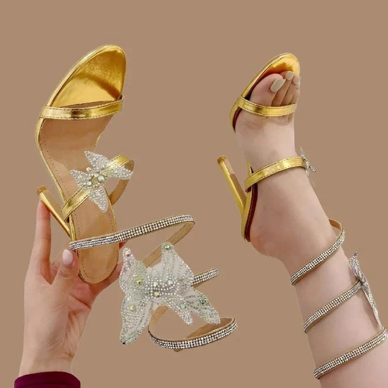 Rhinestone Golden Butterfly-knot Crystal Stiletto Heel Shoes - Glova