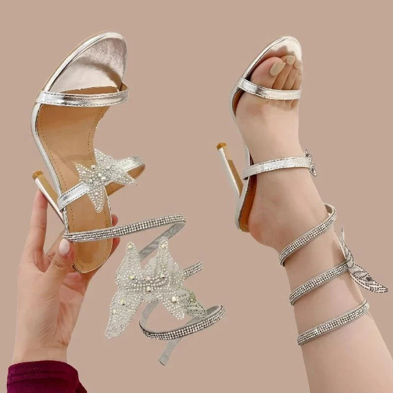 Rhinestone Golden Butterfly-knot Crystal Stiletto Heel Shoes - Glova