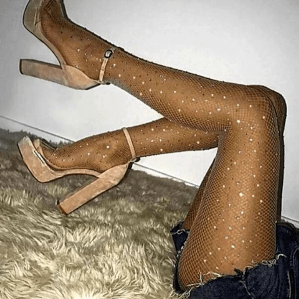 Rhinestone Sequin Fishnet Mesh Pantyhose Stockings - Glova