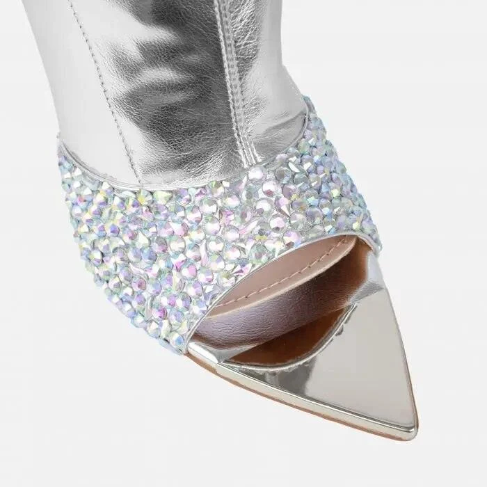 Rhinestone Sliver PU Leather Patchwork Side Zipper Stiletto Shoes - Glova