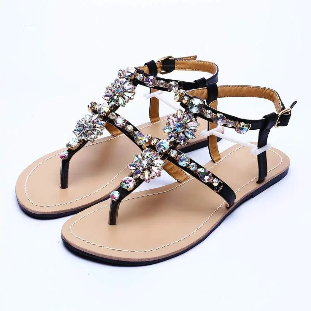 Rhinestones Embellished Flat Sandals - Glova