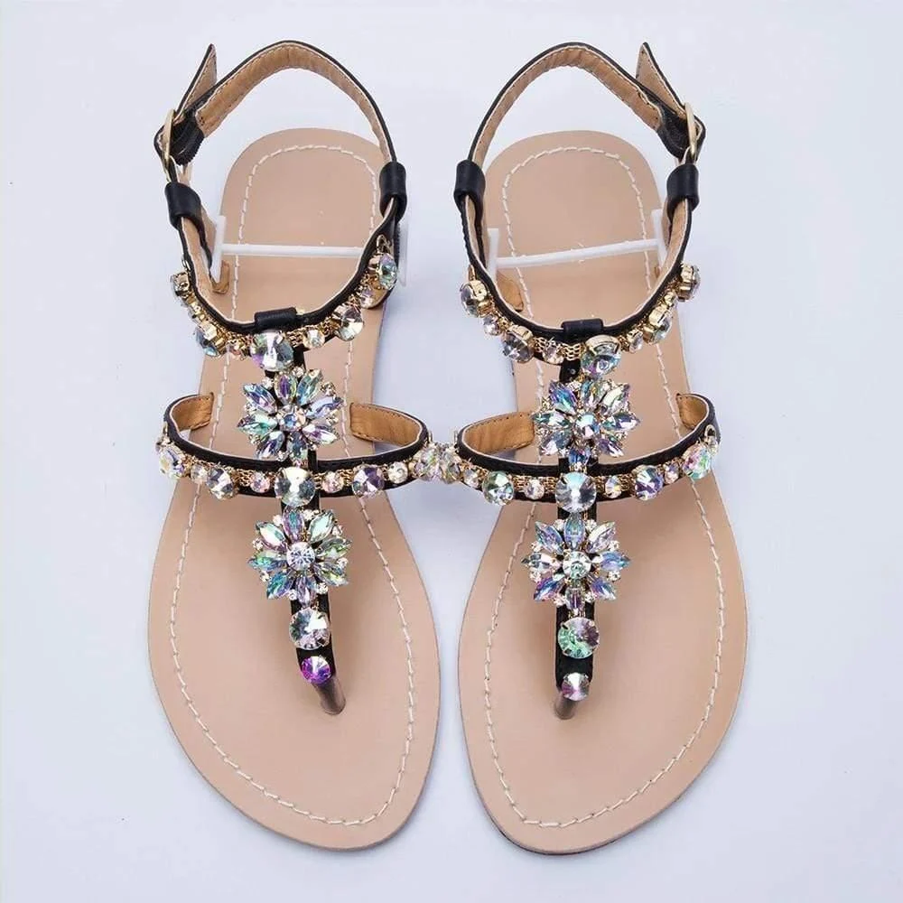 Rhinestones Embellished Flat Sandals - Glova