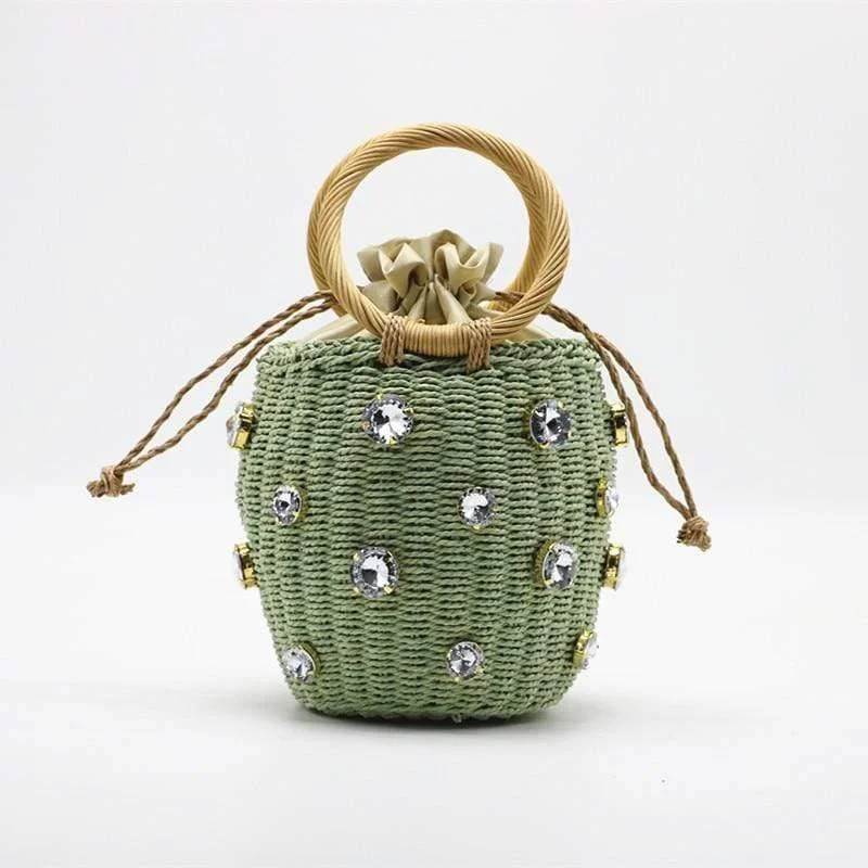 Rhinestones Embellished Handmade Bucket Bag - Glova