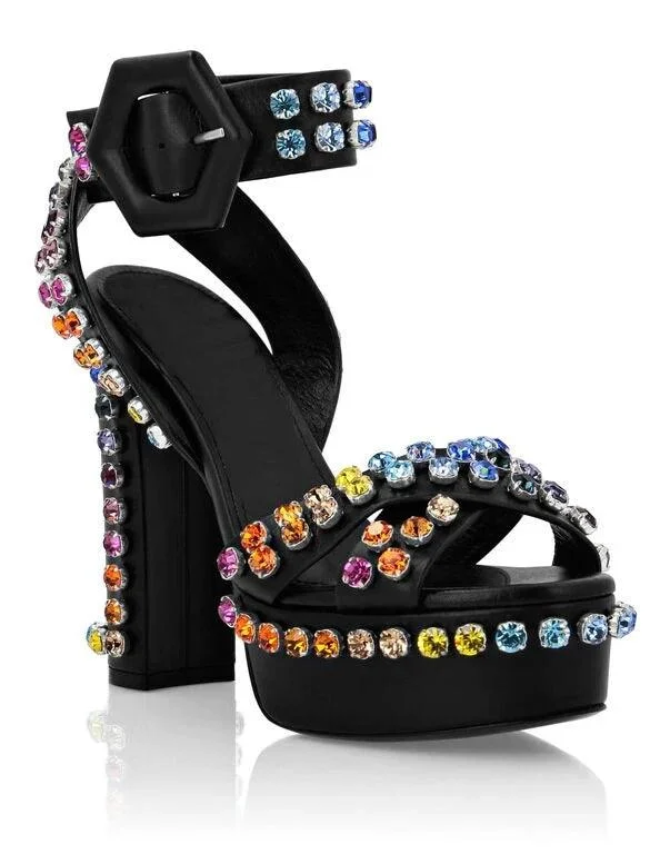 Rhinestones Platform Heel Hexagonal Lined Buckle Shoes - Glova