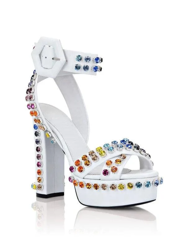 Rhinestones Platform Heel Hexagonal Lined Buckle Shoes - Glova