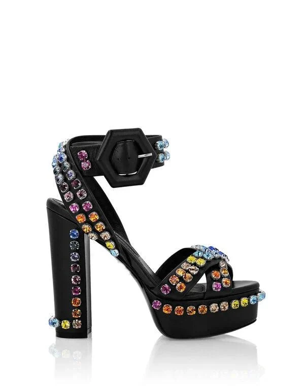 Rhinestones Platform Heel Hexagonal Lined Buckle Shoes - Glova