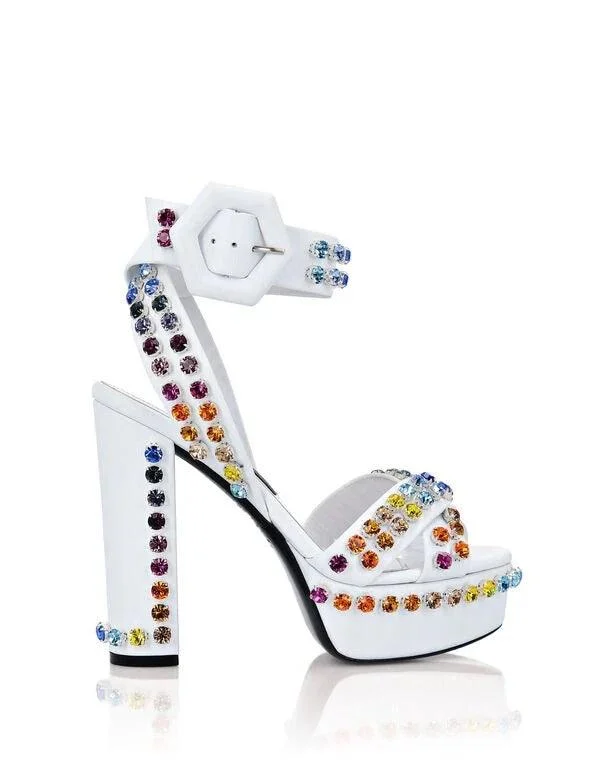 Rhinestones Platform Heel Hexagonal Lined Buckle Shoes - Glova