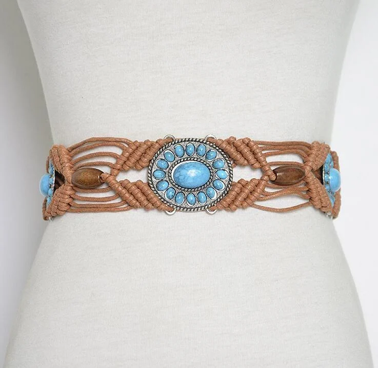 Rillen Macrame Belt With Turquoise Stones - Glova