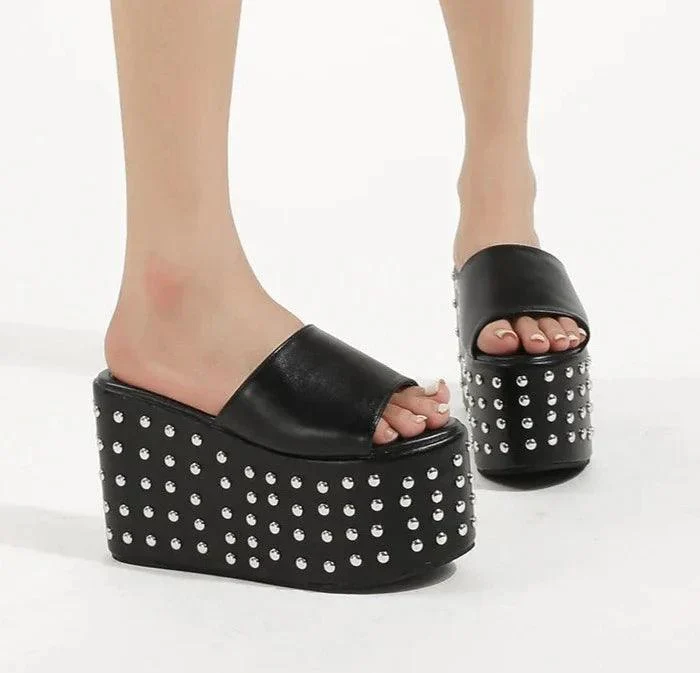 Rivet Design Platform Wedge High Heel Ladies Gothic Punk Shoes - Glova