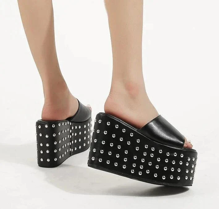 Rivet Design Platform Wedge High Heel Ladies Gothic Punk Shoes - Glova