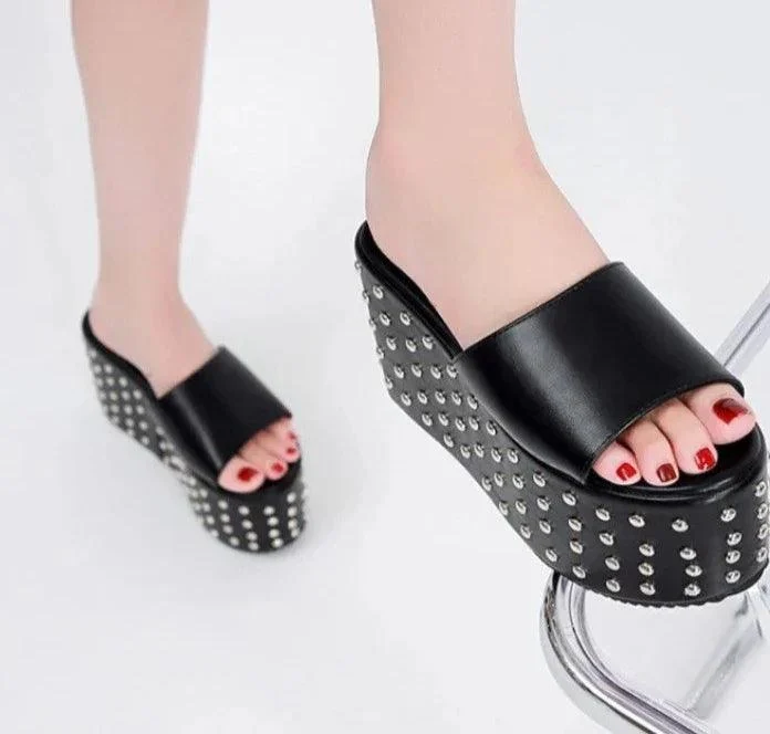 Rivet Design Platform Wedge High Heel Ladies Gothic Punk Shoes - Glova