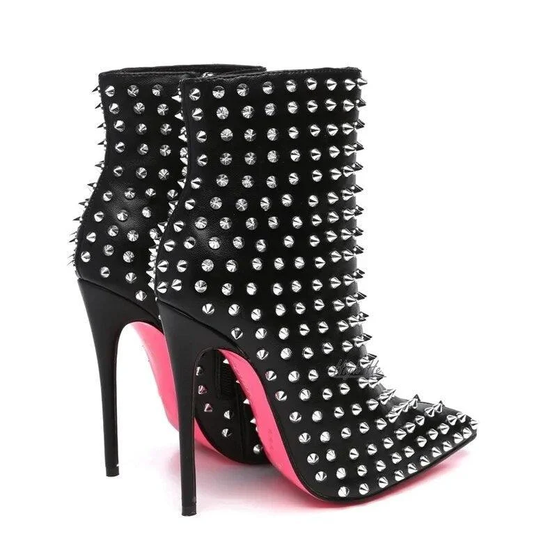 Rivets Studded PU Leather Pointed Toe Black Booties - Glova