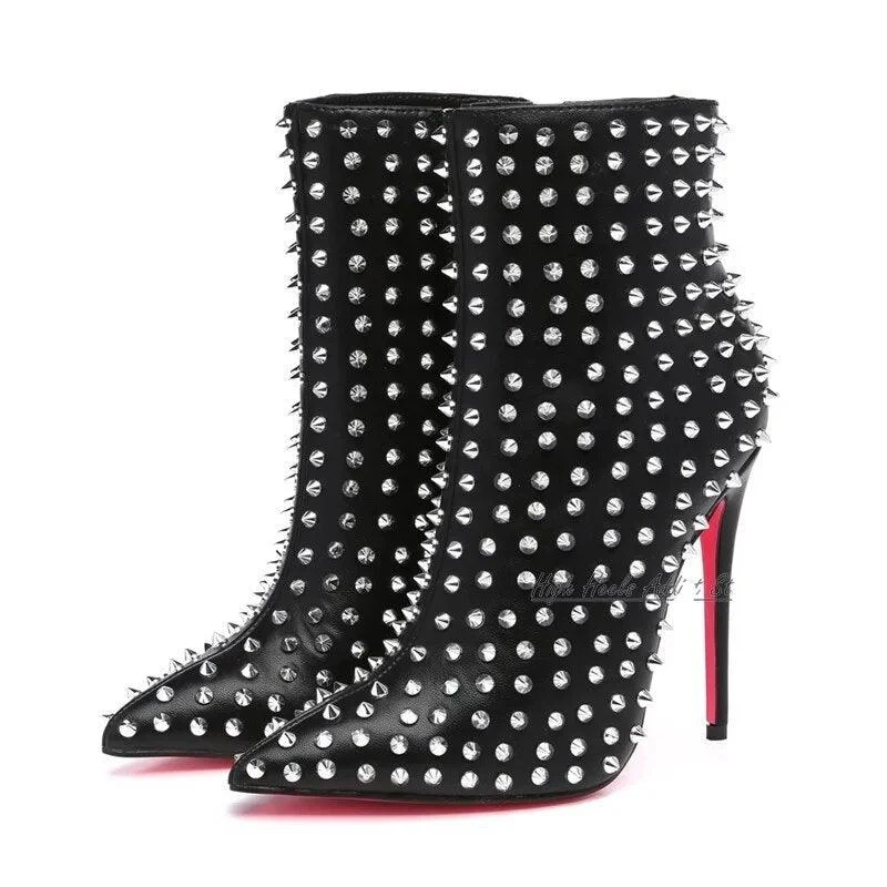 Rivets Studded PU Leather Pointed Toe Black Booties - Glova