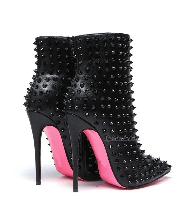 Rivets Studded PU Leather Pointed Toe Black Booties - Glova