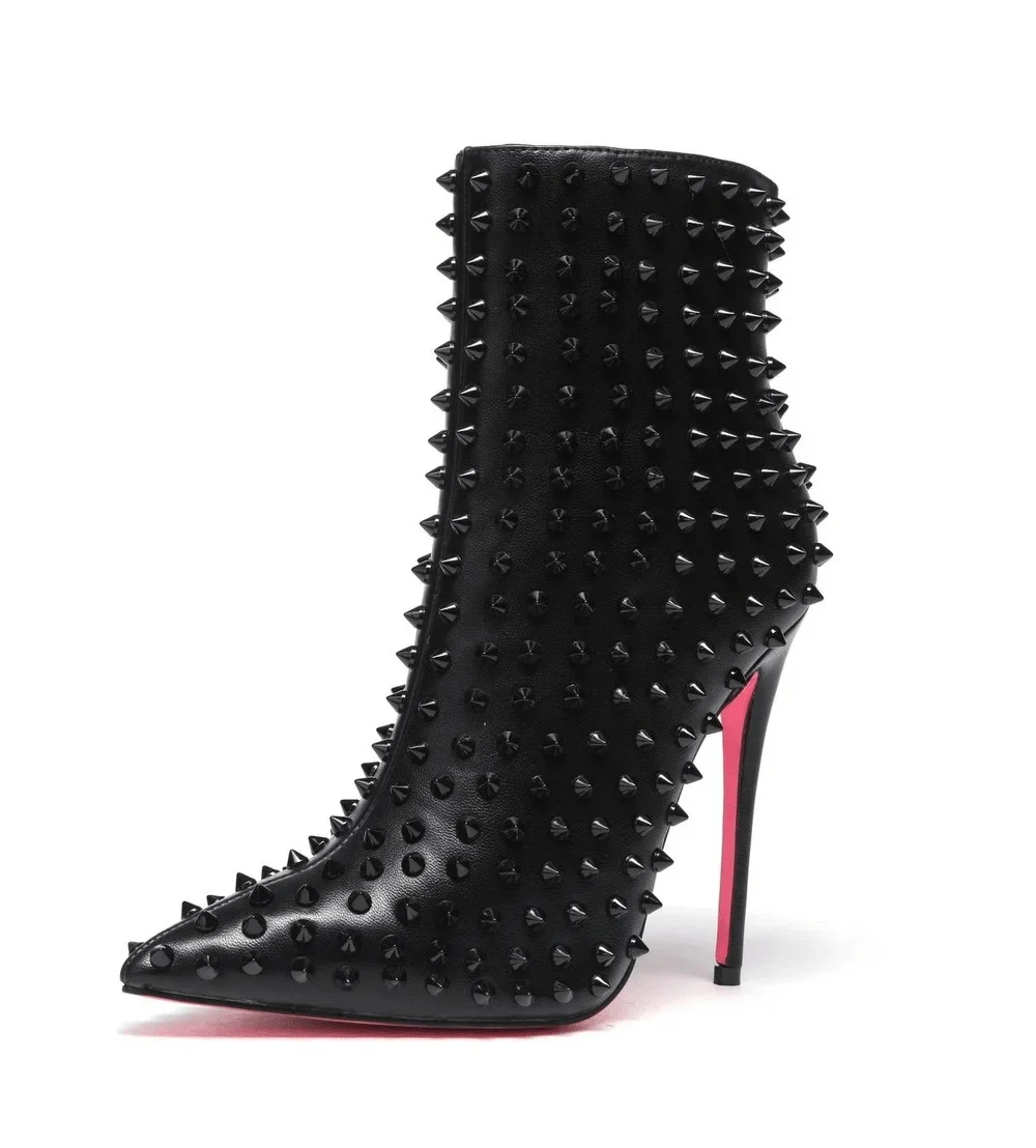 Rivets Studded PU Leather Pointed Toe Black Booties - Glova