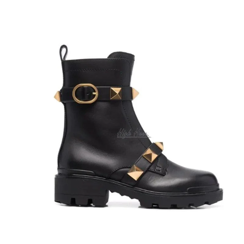 Rockstud PU Leather Round Toe Rubber Sole Ankle Boots - Glova