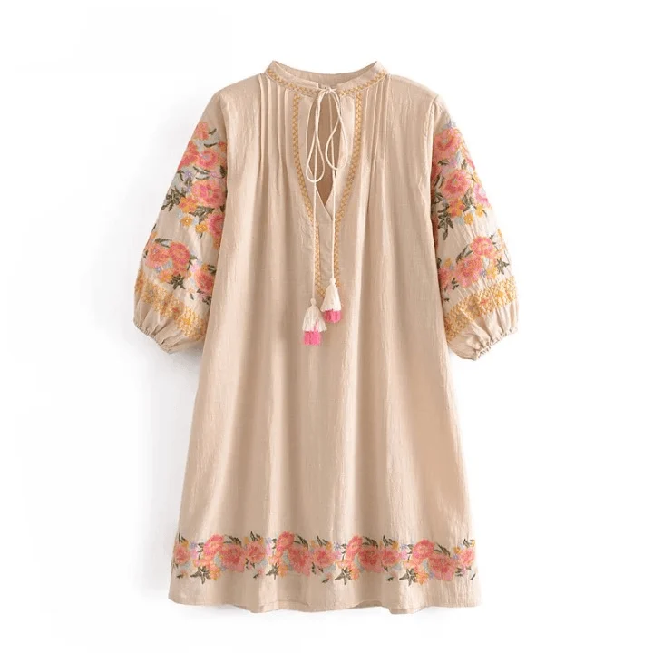 Rosalie Floral Embroidery Mini Folk Dress - Glova