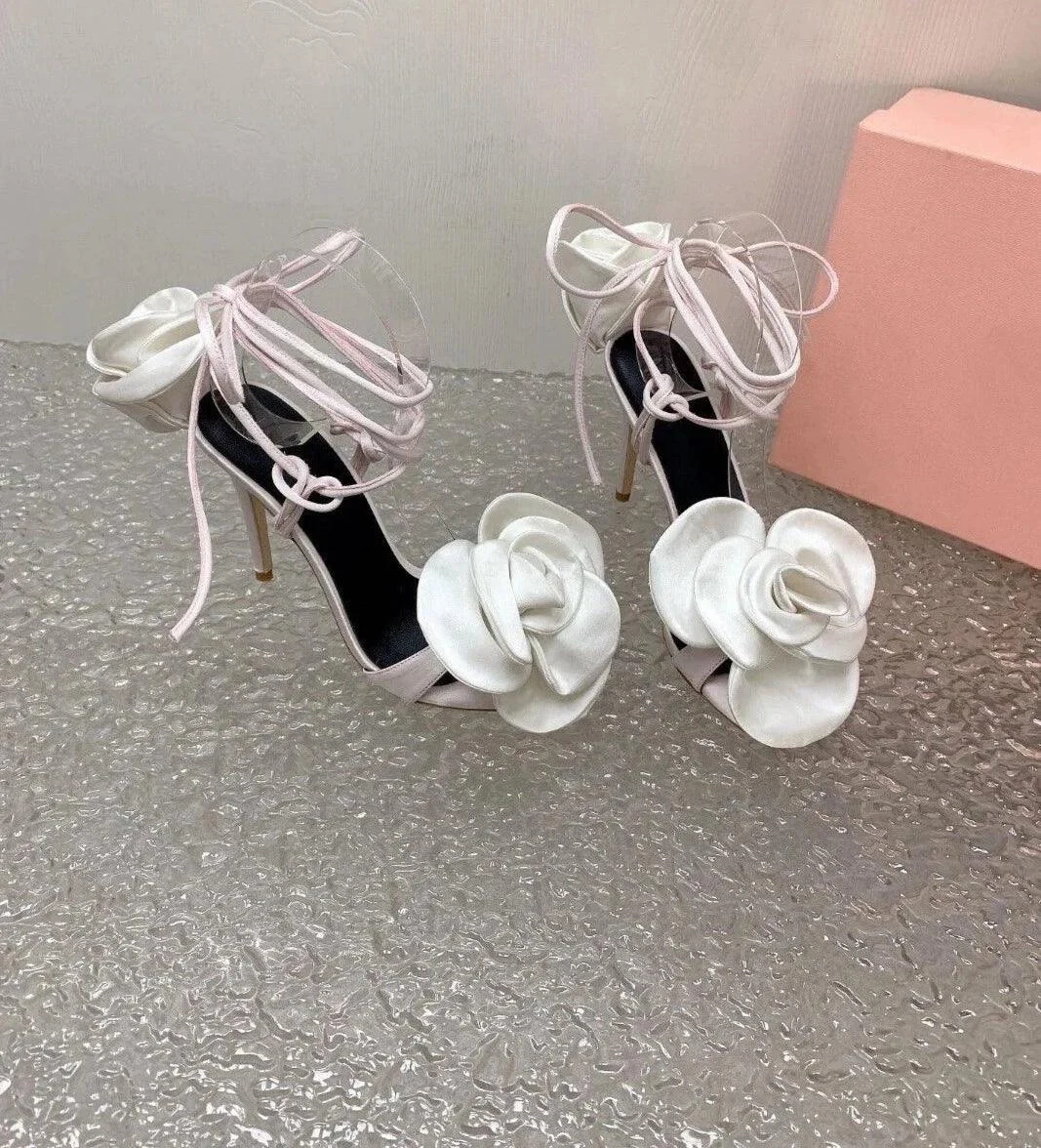 Rose Flower Open Toe Ankle Straps Lace Up Satin Sandals - Glova